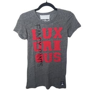 Harajuku Lovers “Luxurious Fancy Pants” Print Appliqué T-Shirt Sz Small Gray